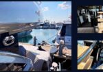 Large luxury yacht docked at a sunny marina with other boats in the background. The calm blue water and clear sky set a nautical scene.