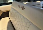 Beige car seat with honeycomb stitching and a Sea Ray logo on the headrest area.
