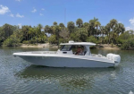 White motorboat with twin outboard engines on calm water near a palm-lined shoreline; two people visible in the cockpit.