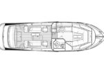 Top-down layout of a motor yacht interior and deck, including seating lounges, table, galley, and helm area.