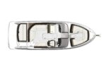 Top-down layout of a small motorboat showing rear seating, cockpit area, helm seat, and forward bow deck (floor plan view).