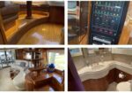 Luxurious yacht interior with curved wooden seating and a glossy deck surface.