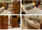 Luxurious yacht cabin with a large bed, cream bedding, curved wood walls, and soft lighting on multiple panels.