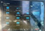 Touchscreen boat control panel displaying 'Combos' menu with icons for Main, Navigation, Monitoring, System, Lighting, and Anchoring (Volvo Penta).