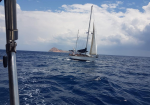 A white-hulled sailboat with tall sails glides through dark blue waves, a rocky island visible on the horizon under a partly cloudy sky.