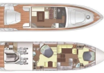 Two-level layout of a luxury yacht: upper deck with seating and helm, lower deck with cabins, galley, and crew areas.