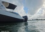 Low-angle shot of a white speedboat with a black hull and outboard engine, floating on calm water under a cloudy sky.