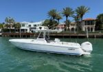 White powerboat named Intrepid touring turquoise water near a waterfront with palm trees and luxury houses in the background