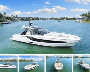 White luxury motor yacht anchored in a calm turquoise canal with palm-lined houses in the background.