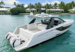 White luxury speedboat on turquoise water, palm-lined shore in the background.