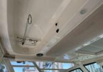 White boat cabin ceiling with a vertical metal post and ring, plus control hardware; city buildings visible through the windows.