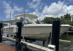 White motorboat on a boat lift at a sunny marina, with blue sky and palm trees in the background.