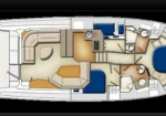 Top-down floor plan of a motor yacht showing aft deck, living area with sofa, galley, two heads, and forward cabins with sleeping berths