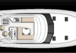 Top-down layout of a motor yacht: cockpit/helm area, seating, galley, and forward cabin on a white hull.
