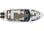 Top-down view of a white motorboat showing deck layout: aft seating, cockpit with helm, teak deck, and dual engines at the stern.