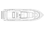 Top-down line drawing of a motorboat (yacht) showing four outboard engines at the stern, cockpit seating, helm area, and a forward deck area.